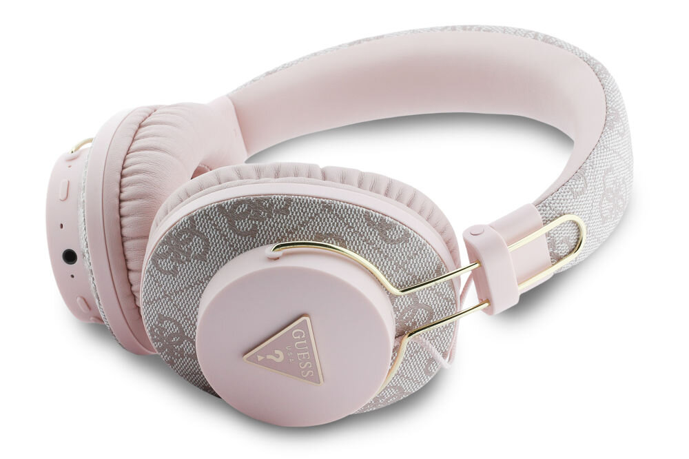 Różowe słuchawki nauszne z logo GUESS w kształcie trójkąta na nauszniku. Pałąk i nauszniki mają wzór z literami G i ozdobne złote elementy.