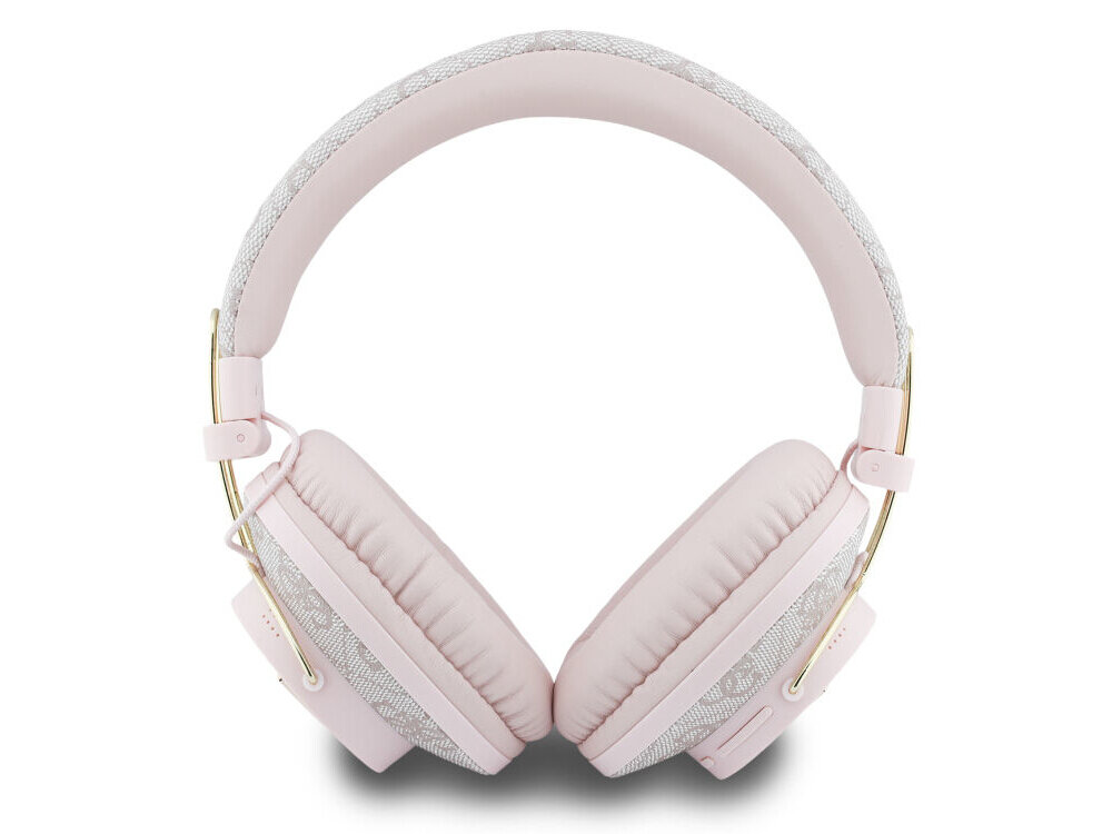 Różowe słuchawki nauszne z miękkimi poduszkami i złotymi elementami. Na pałąku widoczny jest wzór w kształcie trójkąta.