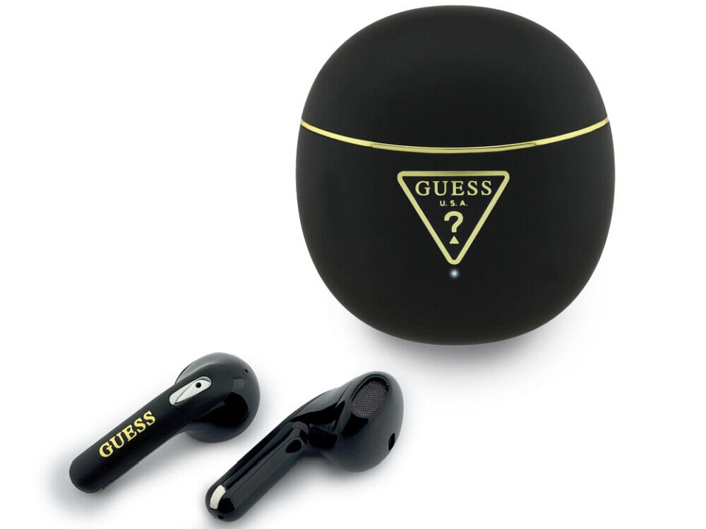 Słuchawki Guess Gold Line Triangle TWS czarne złote logo Bluetooth 6 USB-C IPX5, słuchawki wraz z etui ładującym na białym tle