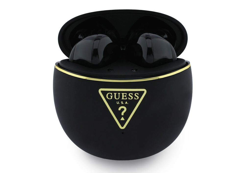 Słuchawki Guess Gold Line Triangle czarne złote logo elegancki design TWS, słuchawki wraz z etui ładującym na białym tle