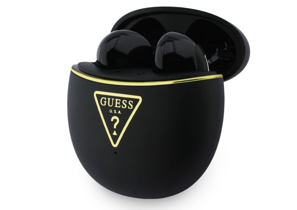 Słuchawki Guess bateria 24 godziny etui 250 mAh powerbank USB-C TWS, słuchawki wraz z etui ładującym na białym tle