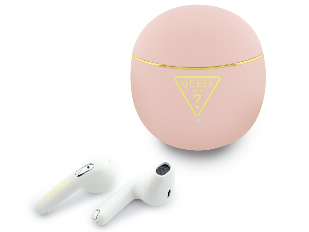 Słuchawki Guess Gold Line Triangle TWS czarne złote logo Bluetooth 6 USB-C IPX5, słuchawki wraz z etui ładującym na białym tle