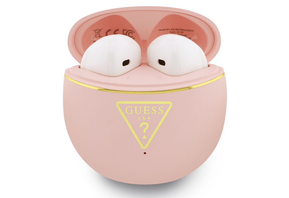 Słuchawki Guess Gold Line Triangle czarne złote logo elegancki design TWS, słuchawki wraz z etui ładującym na białym tle