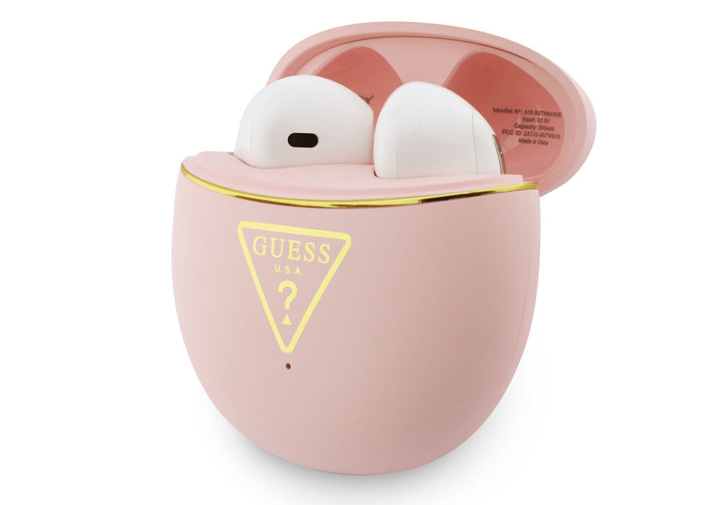 Słuchawki Guess bateria 24 godziny etui 250 mAh powerbank USB-C TWS, słuchawki wraz z etui ładującym na białym tle