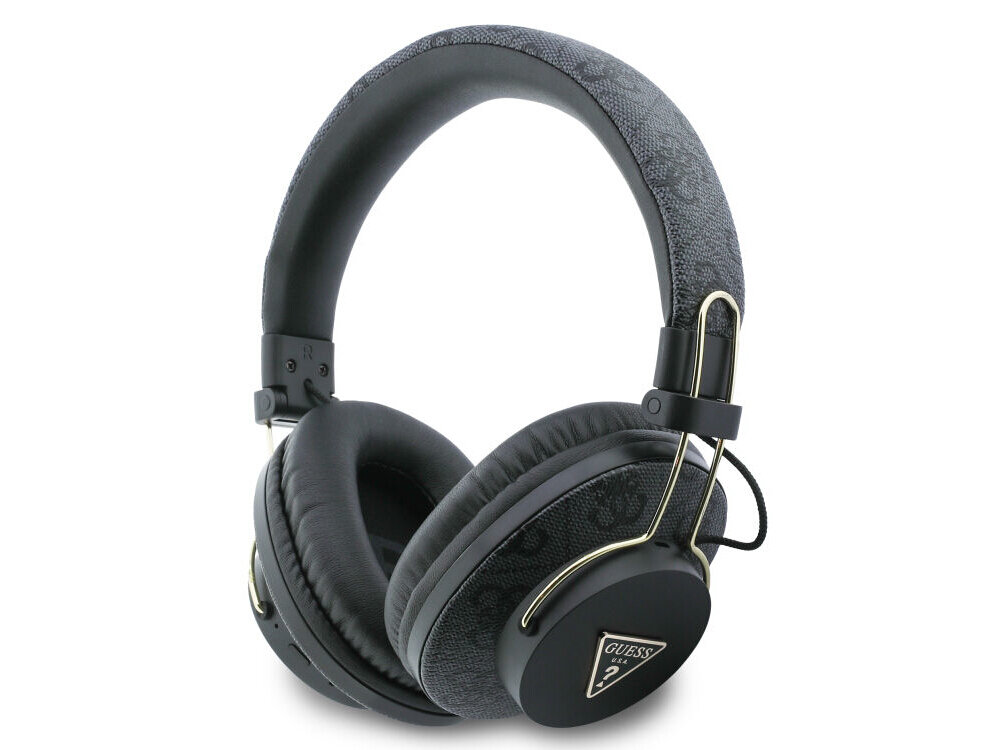 Czarne słuchawki nauszne z logo GUESS w kształcie trójkąta na nauszniku. Słuchawki mają metalowe elementy konstrukcyjne i miękkie poduszki nauszników.