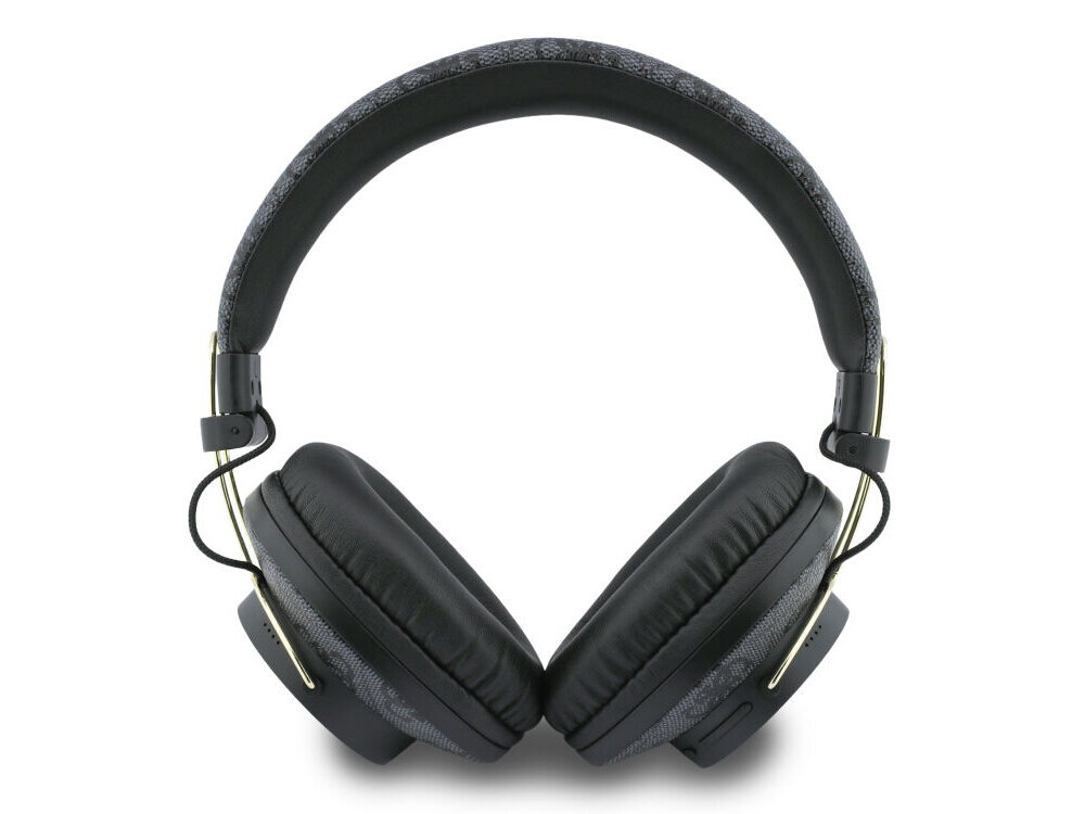 Czarne słuchawki nauszne z miękkimi poduszkami i metalicznymi elementami na pałąku. Na pałąku widoczny jest wzór z logo GUESS.