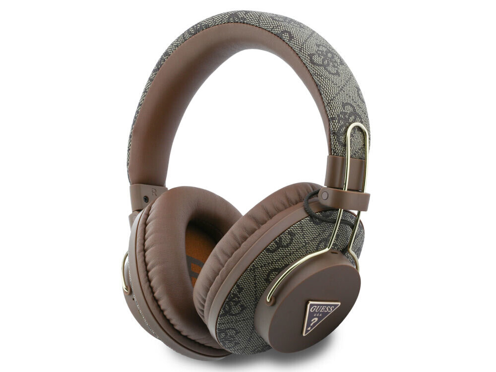 Brązowe słuchawki nauszne z logo GUESS w kształcie trójkąta na nauszniku. Pałąk i nauszniki mają wzór z motywem kwiatowym.