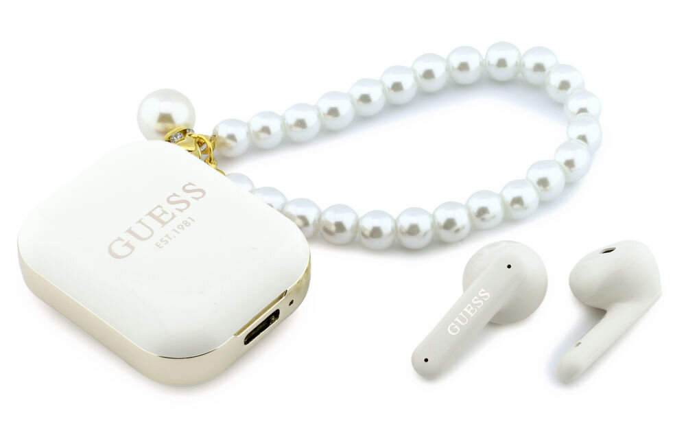 Słuchawki Guess Pearl Strap TWS białe perły złote logo Bluetooth 5.4 USB-C, słuchawki z etui ładującym na białym tle