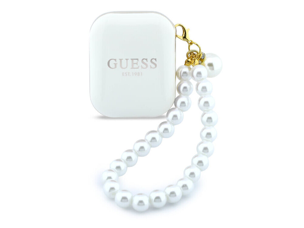 Słuchawki Guess Pearl Strap białe perły zawieszka elegancki design złote logo, etui ładujące na białym tle