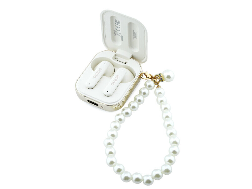 Słuchawki Guess bateria 5 godzin etui 300 mAh powerbank USB-C ładowanie, słuchawki z etui ładującym na białym tle