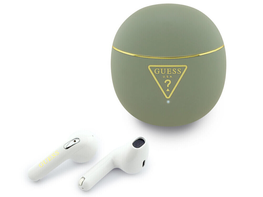 Słuchawki Guess Gold Line Triangle TWS czarne złote logo Bluetooth 6 USB-C IPX5, słuchawki wraz z etui ładującym na białym tle