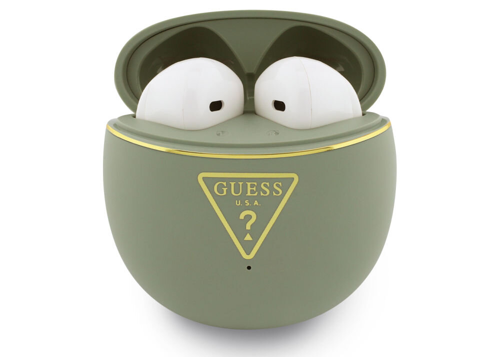 Słuchawki Guess Gold Line Triangle czarne złote logo elegancki design TWS, słuchawki wraz z etui ładującym na białym tle