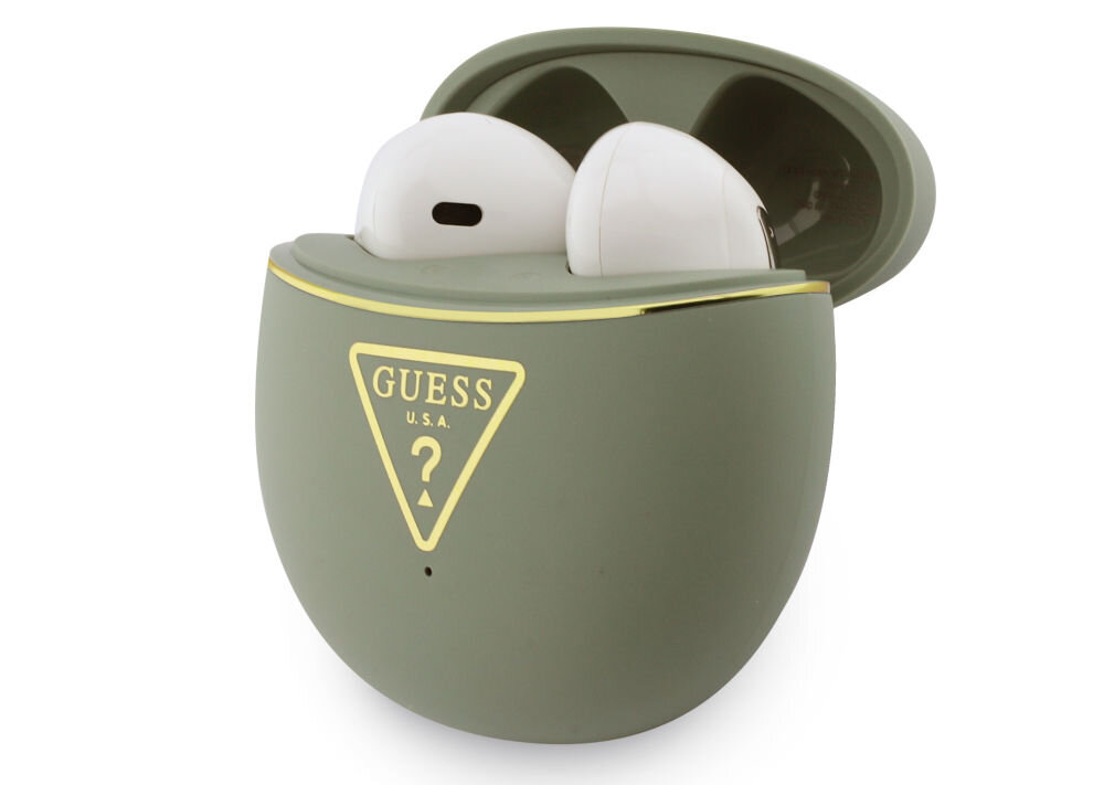 Słuchawki Guess bateria 24 godziny etui 250 mAh powerbank USB-C TWS, słuchawki wraz z etui ładującym na białym tle
