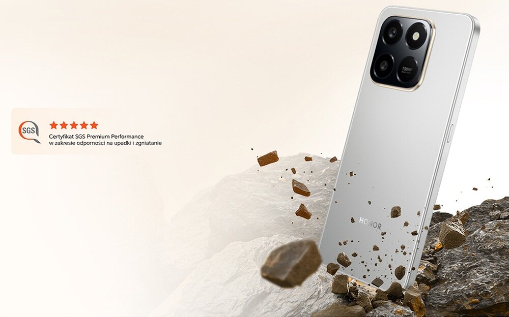 Smartfon HONOR X7d 5 gwiazdkowy certyfikat SGS Premium Performance IP54 odporny na kurz, zachlapania Wet-hand Touch Enhancement testy zanurzenia na głębokość 0,5 m przez 1 minutę Bulletproof Vests Design