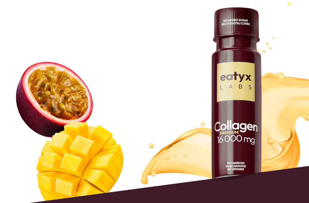 Kolagen EATYX Labs Premium 16000 mg Mango-marakuja (80 ml) jasne tło owoce mango i marakui na pierwszym planie buteleczka kolagenu owocowe połączenie mango i marakui przyjemny smak zachęca do regularnego stosowania płynna forma shotu