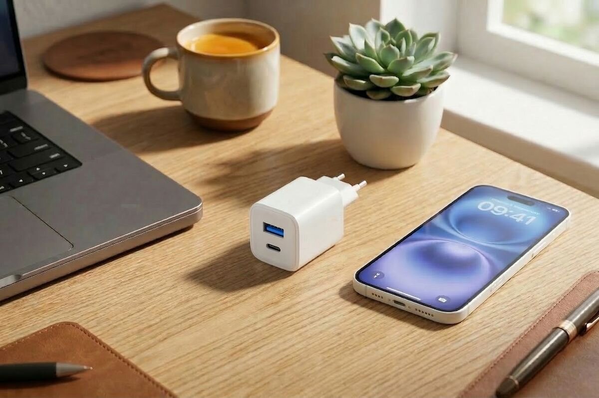 CELLULARLINE Mini 65 W - ładowarka na biurku, obok smartfon