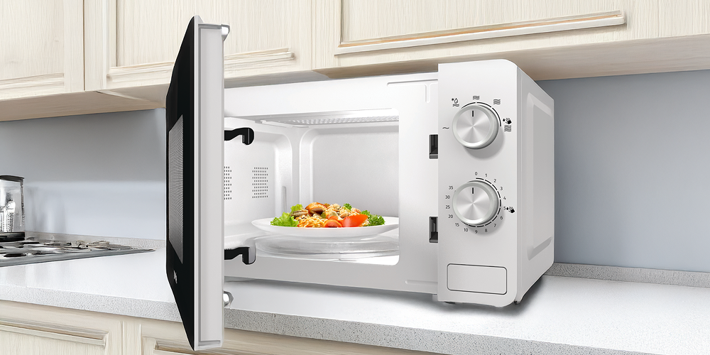 KUCHNIA MIKROFALOWA GORENJE MO17E1W kuchnia bla otwarta wnęrze SafetySwitch wyłącznik bezpieczeństwa pełna ochrona automatyczne wyłączanie bezpieczeństwo użytkowania ochrona domowa