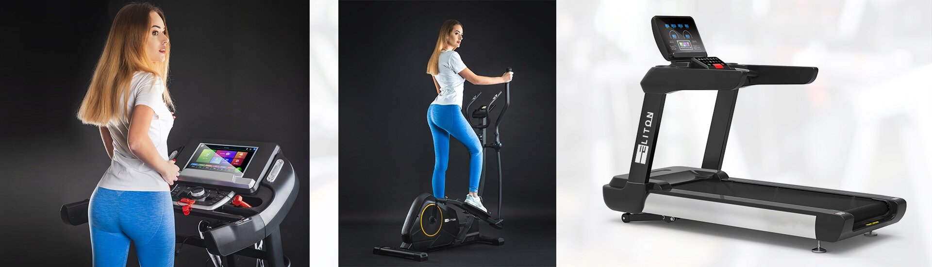 Trzy zdjęcia przedstawiają różne urządzenia fitness: bieżnię z ekranem dotykowym, rower treningowy z osobą ćwiczącą oraz bieżnię elektryczną z wyświetlaczem. Wszystkie urządzenia są w nowoczesnym stylu, z czarnymi i szarymi elementami.