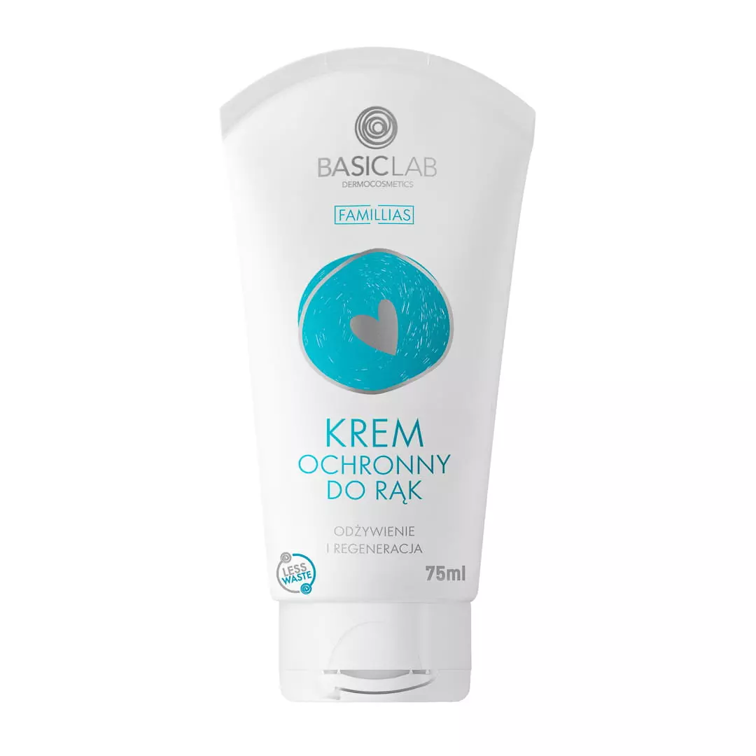 Biała tubka z napisem \'BASICLAB Dermocosmetics FAMILLIAS KREM OCHRONNY DO RĄK ODŻYWIENIE I REGENERACJA 75ml\'. Na tubce znajduje się niebieskie serce i logo \'LESS WASTE\'.