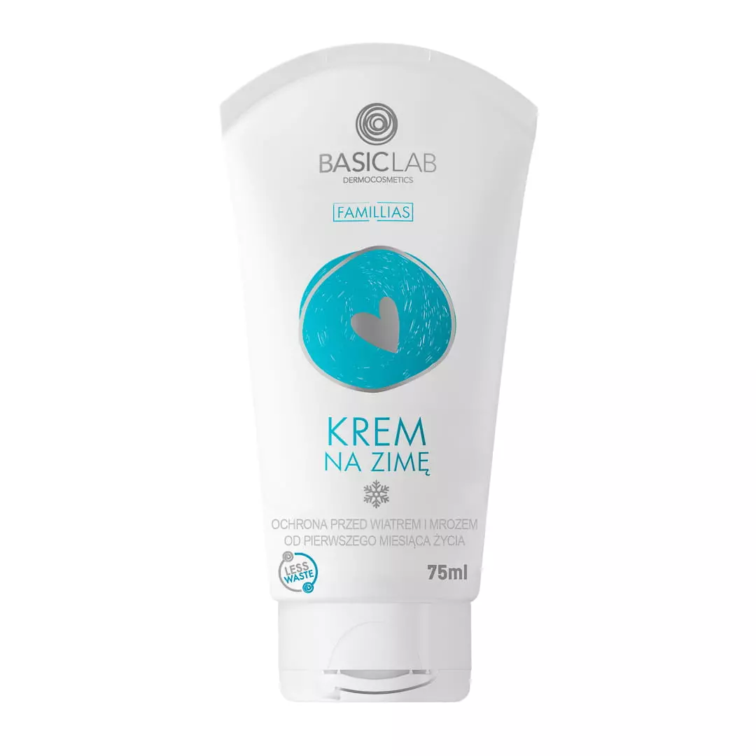 Biała tubka kremu Basiclab Dermocosmetics z niebieskim sercem na etykiecie i napisem \'KREM NA ZIMĘ\'. Pojemność 75 ml, przeznaczony do ochrony przed wiatrem i mrozem od pierwszego miesiąca życia.