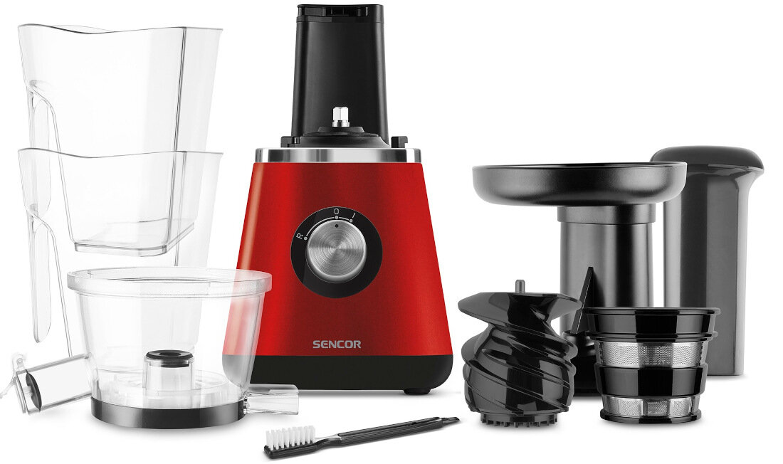 Wyciskarka wolnoobrotowa SENCOR SSJ 4042RD zestaw wyposazenie akcesoria pojemnik na miazsz pojemnik na sok szczoteczka do czyszczenia filtr tloczek