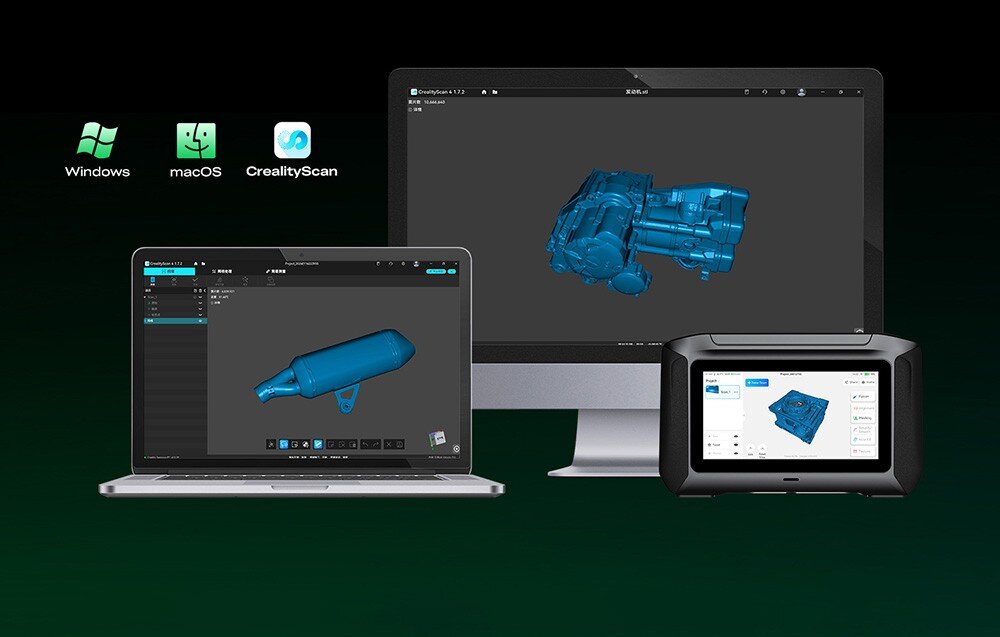 Obraz przedstawia trzy urządzenia elektroniczne z wyświetlonymi modelami 3D na ekranach. Nad nimi znajdują się ikony systemów operacyjnych Windows, macOS oraz CrealityScan.