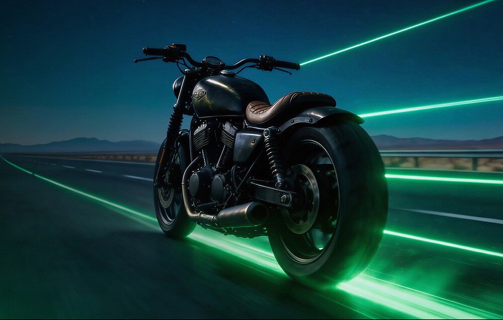 Motocykl jedzie po autostradzie w nocy, otoczony zielonymi liniami świetlnymi. W tle widać góry i ciemne niebo.