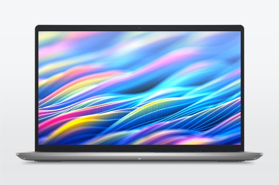 Laptop Dell 15 z ekranem wyświetla kolorową abstrakcyjną grafikę w widoku frontowym na jasnym tle studyjnym - EKRAN  
