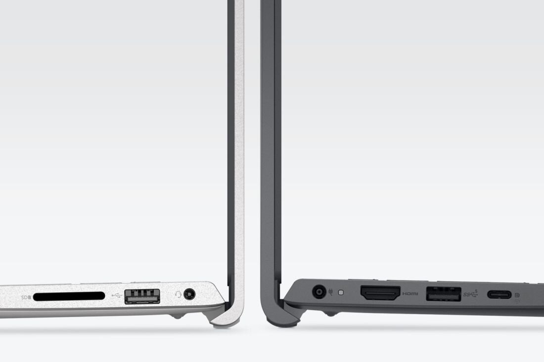 Dwa laptopy Dell 15 ustawione bokiem prezentują porty HDMI, USB i gniazda audio na jasnym tle - PORTY I ŁĄCZNOŚĆ 