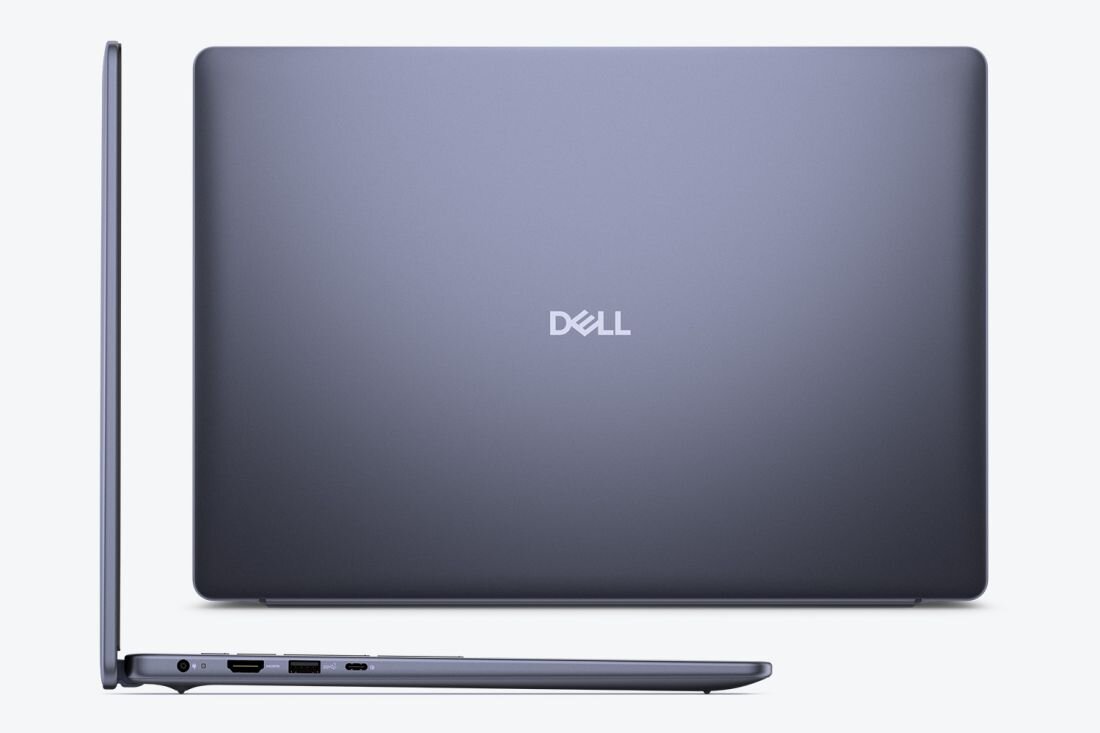 Laptop Dell XPS 16 z kamerą i systemem audio prezentuje klawiaturę oraz wizualizację dźwięku podczas wideokonferencji i pracy zdalnej