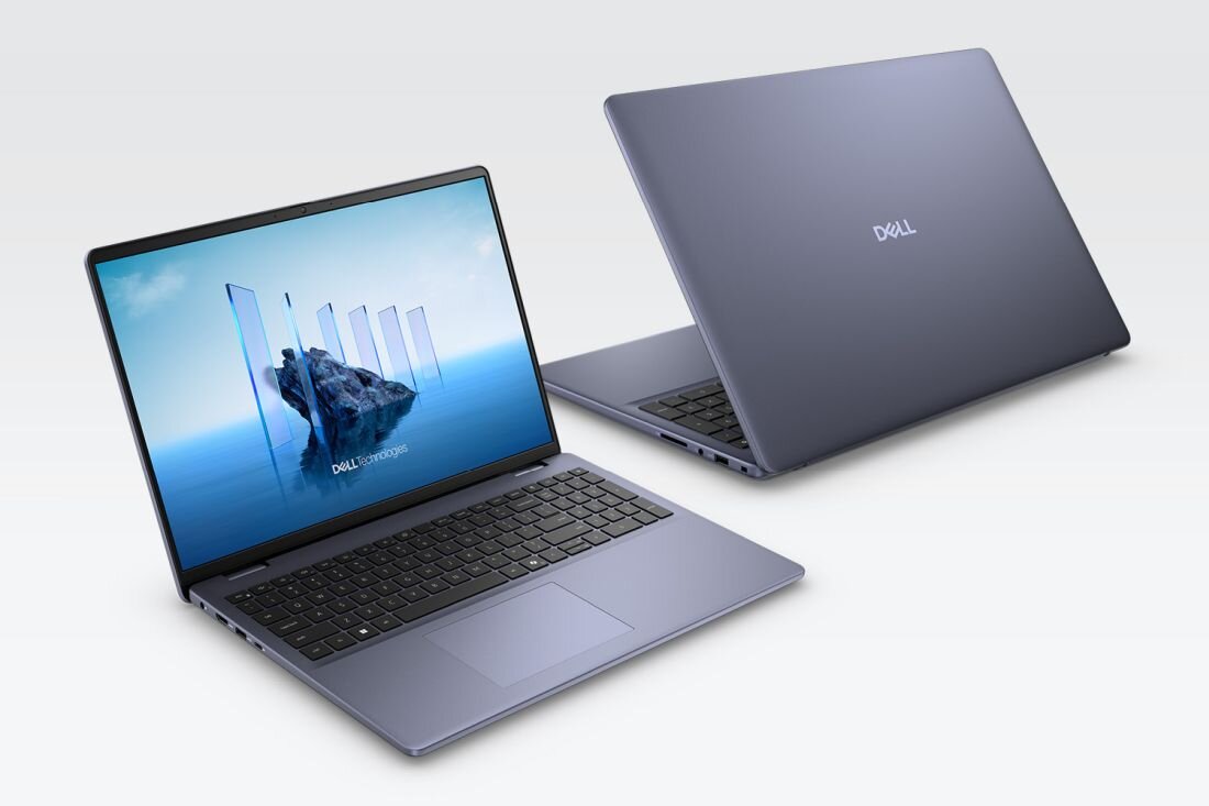 Laptop Dell XPS 16 prezentuje smukłą obudowę i ekran z kolorową grafiką na jasnym tle w zastosowaniach biznesowych