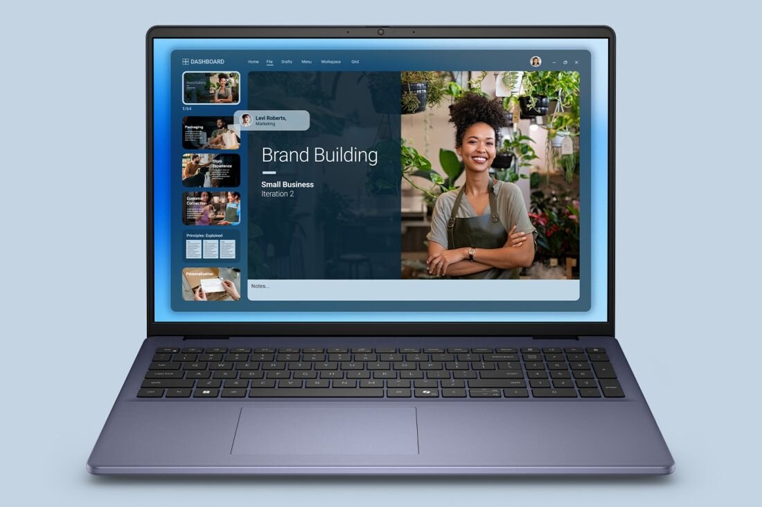 Laptop Dell XPS 16 z wydajnym procesorem pokazuje wewnętrzne podzespoły i układ chłodzenia na grafice technicznej