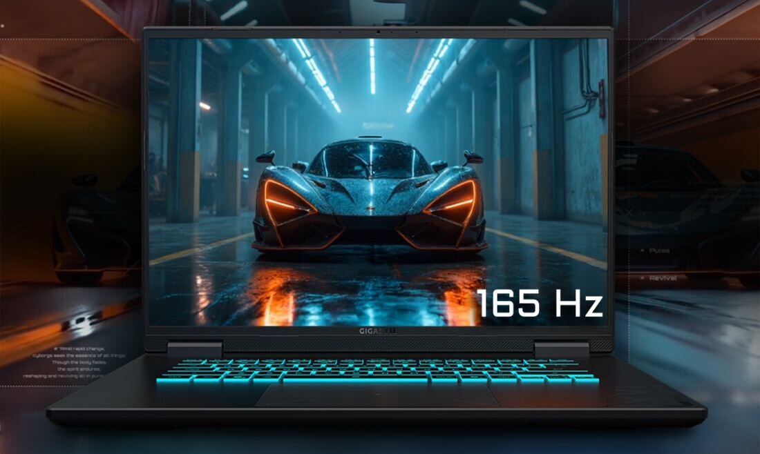 Laptop gamingowy GIGABYTE Gaming A16 z ekranem WQXGA 2560x1600 165 Hz i futurystycznym samochodem sportowym na ekranie – wyświetlacz 16 cali 100% sRGB w proporcjach 16:10 dla graczy