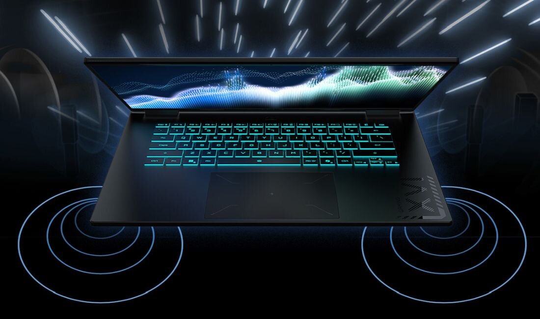Laptop gamingowy GIGABYTE Gaming A16 otoczony wizualizacją fal dźwiękowych w odcieniach fioletu i błękitu – technologia Dolby Atmos i przestrzenne wrażenia audio dla graczy