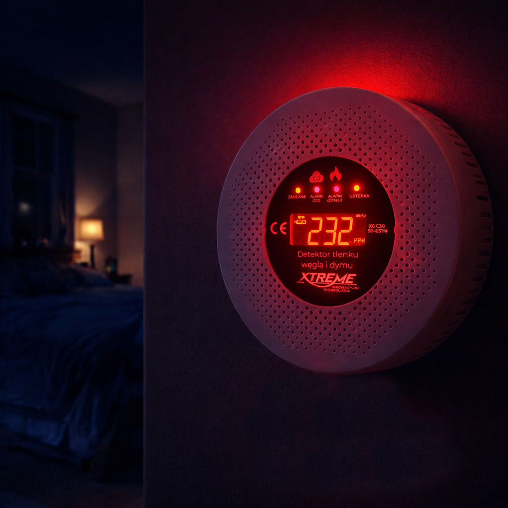 Na ścianie zamontowany jest okrągły detektor tlenku węgla i dymu z wyświetlaczem LCD pokazującym wartość \'232 PPM\'. Na urządzeniu widoczne są ikony i napisy, w tym \'Detektor tlenku węgla i dymu\' oraz logo \'XTREME\'.