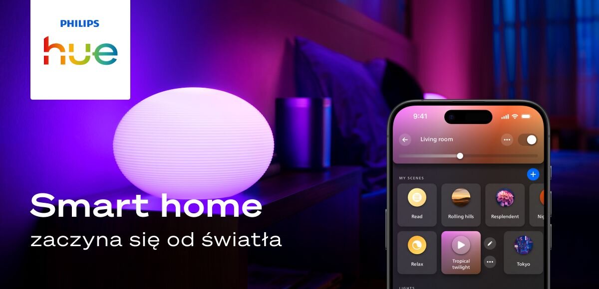 Lampa biurkowa PHILIPS HUE Flourish (Bluetooth, ZigBee), lampa, biurko, światło, philips, Logo Philips Hue, lampa Flourish i smartfon z aplikacją do sterowania.