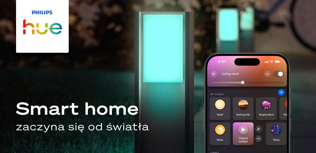 Lampa zewnętrzna PHILIPS HUE Turaco 929004308101, baner, światło, smart, oświetlenie, Reklama Philips Hue: inteligentne słupki ogrodowe sterowane aplikacją.