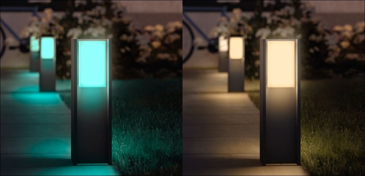 Lampa zewnętrzna PHILIPS HUE Turaco 929004308101, kolory, 16mln, biały, nastrojowe, Porównanie ścieżki ogrodowej z zielonym i ciepłym światłem Philips Hue.