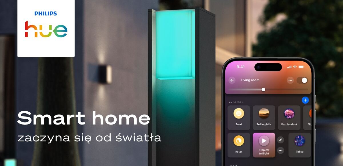 Lampa ogrodowa PHILIPS HUE Turaco 929004308201, baner, reklama, światło, oświetlenie, Słupek Philips Hue Turaco świecący na cyjanowo i aplikacja na smartfonie.