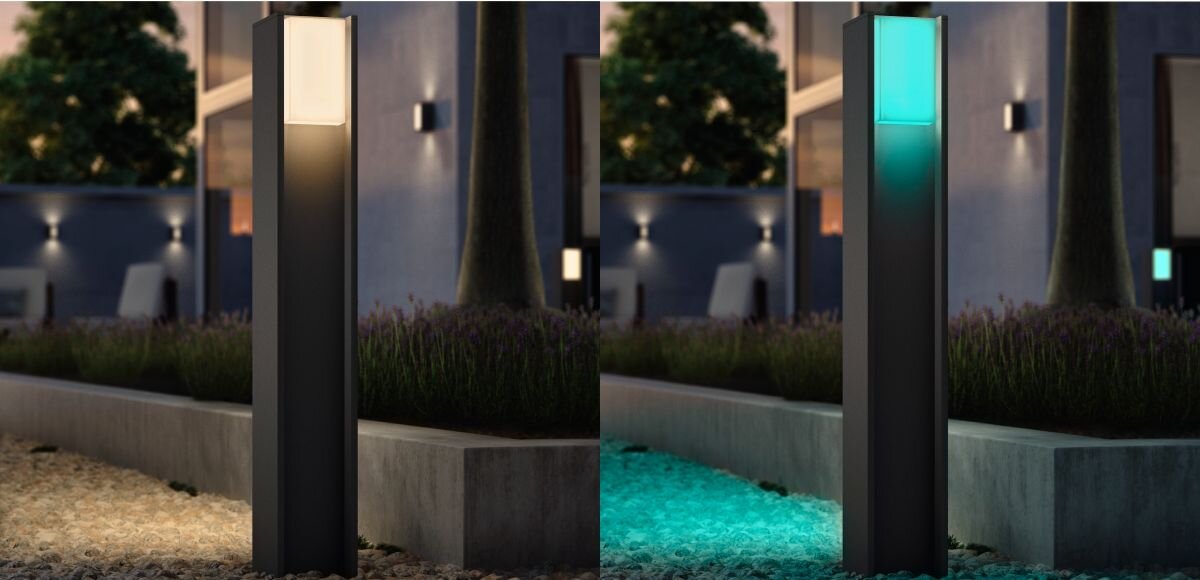 Lampa ogrodowa PHILIPS HUE Turaco 929004308201, E27, 8,1W, CRI80, 15.000h, Porównanie słupka Turaco świecącego ciepłą bielą i kolorem cyjanowym.