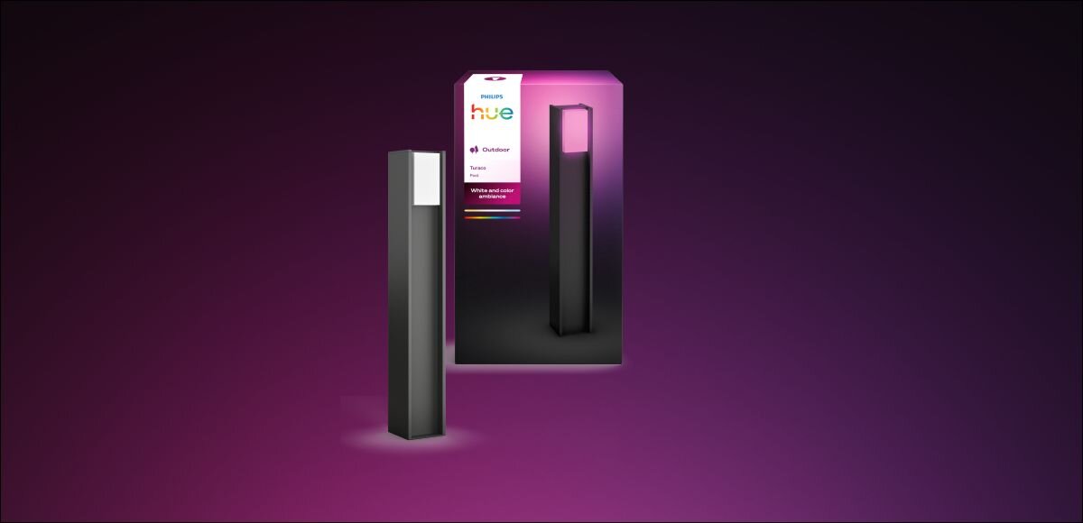 Lampa ogrodowa PHILIPS HUE Turaco 929004308201, lampa, żarówka, E27, instrukcja, Opakowanie i inteligentny słupek ogrodowy Philips Hue Turaco.