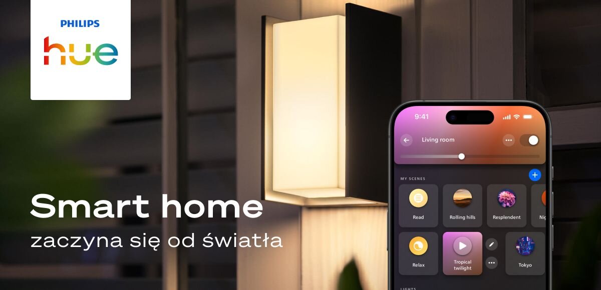 Kinkiet zewnętrzny PHILIPS HUE Turaco (Bluetooth, ZigBee), baner, światło, oświetlenie, komfort, Kinkiet Philips Hue Turaco świecący ciepłą bielą i aplikacja na telefonie.
