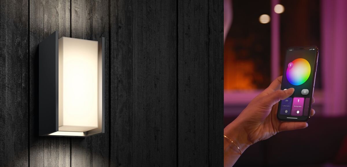 Kinkiet zewnętrzny PHILIPS HUE Turaco (Bluetooth, ZigBee), aplikacja, Android, Zigbee, sceny, Sterowanie kolorem kinkietu Turaco za pomocą koła barw w aplikacji.