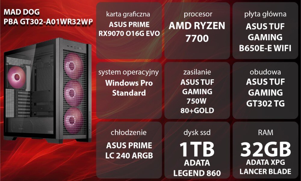 Komputer MAD DOG Powered By Asus GT302-A01WR32WP Uśmiechnięta kobieta w słuchawkach z logo świecącym na zielono siedzi przy biurku i trzyma dłonie na klawiaturze z kolorowym podświetleniem