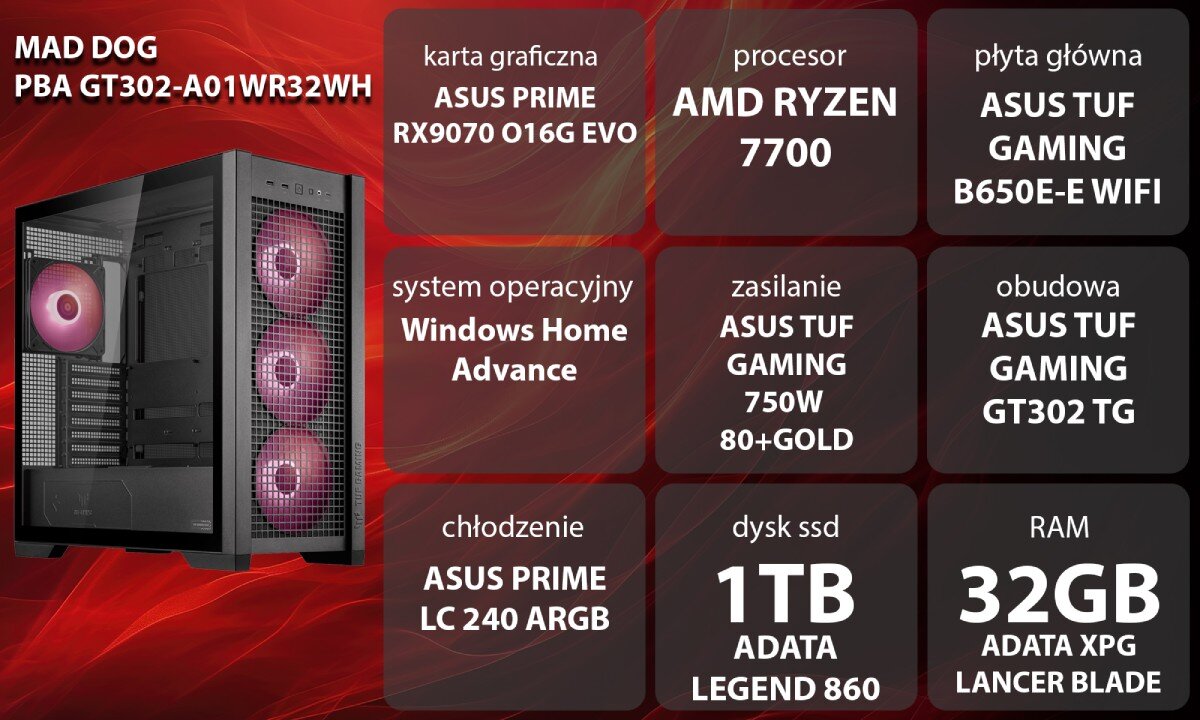 Komputer MAD DOG Powered By Asus GT302-A01WR32WH Uśmiechnięta kobieta w słuchawkach z logo świecącym na zielono siedzi przy biurku i trzyma dłonie na klawiaturze z kolorowym podświetleniem