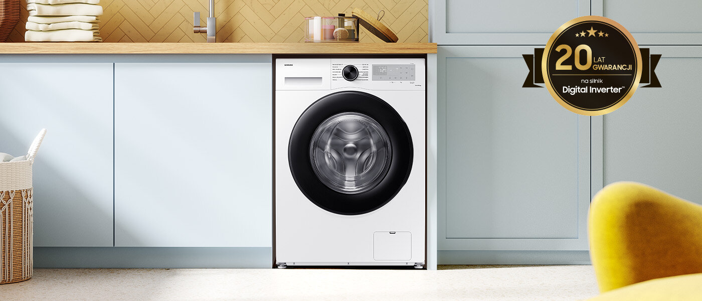 Pralka EcoBubble AI Energy - aranżacja z niebieskimi szafkami Pralka EcoBubble AI Energy WW90CGC04DAH marki Samsung w aranżacji wśród niebieskich szafek