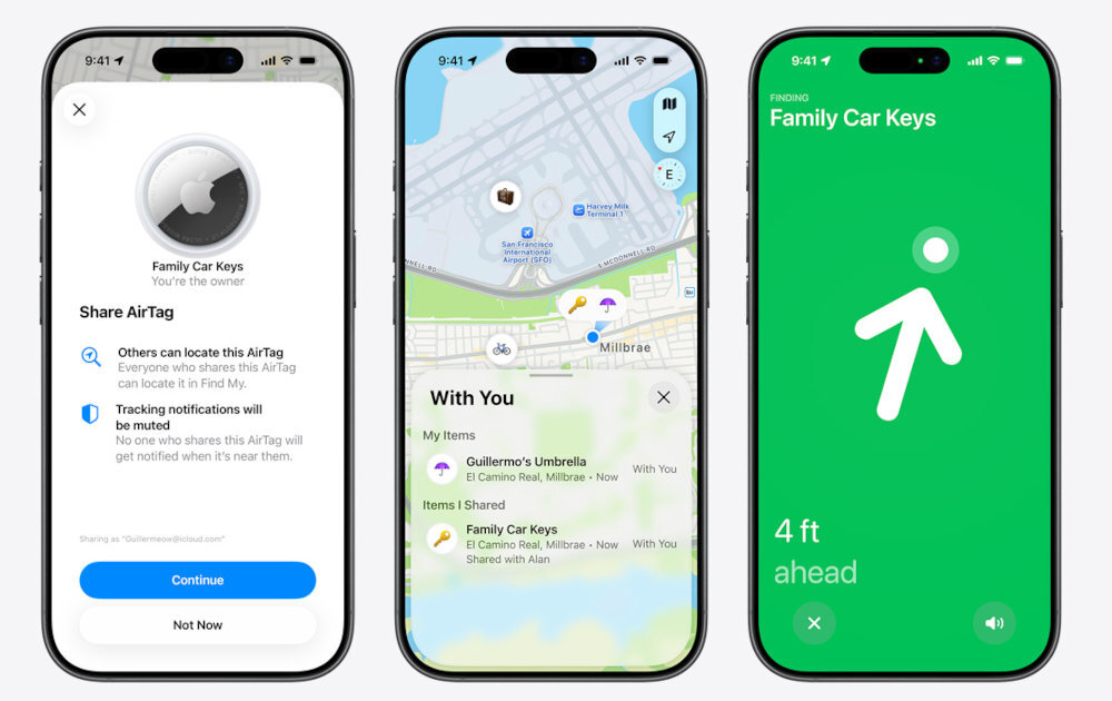 APPLE AirTag 2 Gen AirTag udostępnić pięciu osobom Rower, pilot do garażu czy wspólny klucz do skrzynki - zrzuty ekranu z aplikacji