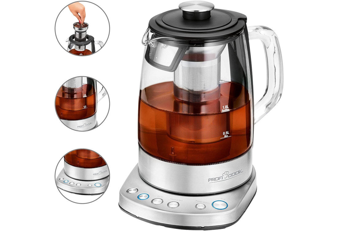 Czajnik PROFI COOK PC-WKS 1167 G Szlachetne wzornictwo stal nierdzewna szkło stylowy dzbanek Transparentny uchwyt elegancka baza schowek na przewód