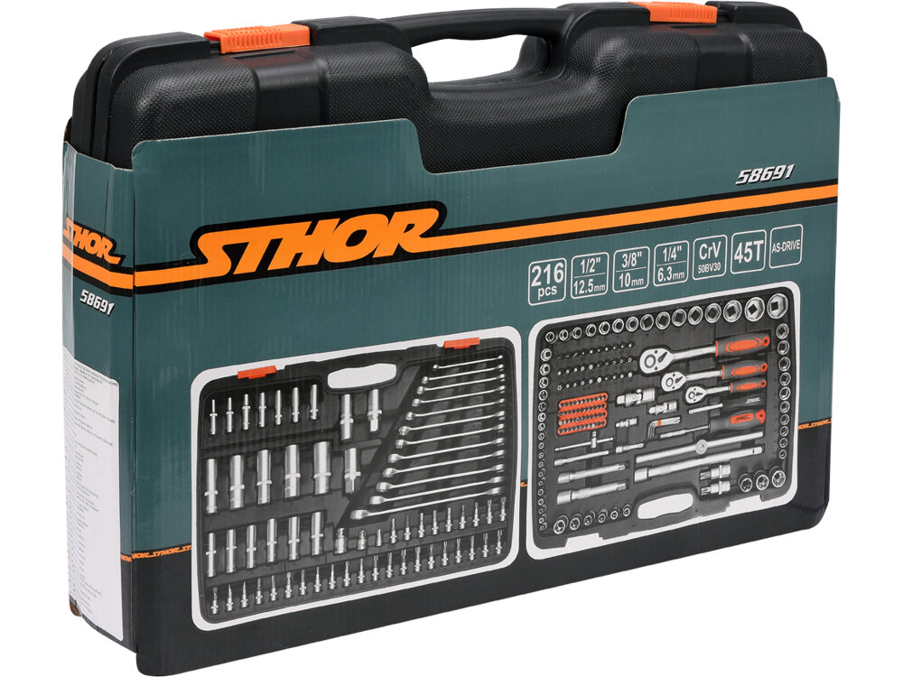 Zestaw kluczy nasadowych-oczkowych-imbusowych-płasko-oczkowych STHOR 58691 216 elementów zestaw nasadki klucze przedluzki koncowki pokretla przeguby walizka dokumentacja