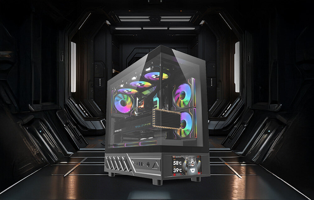 Obudowa DARKFLASH DS950V Czarny, obudowa PC, gaming, design, komputer, Komputer w ciemnym, futurystycznym pomieszczeniu.